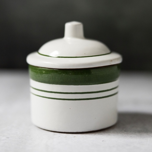 Small green white stoneware cheese crock canister with lid Pottery Craft Rondele - Picture 3 of 9